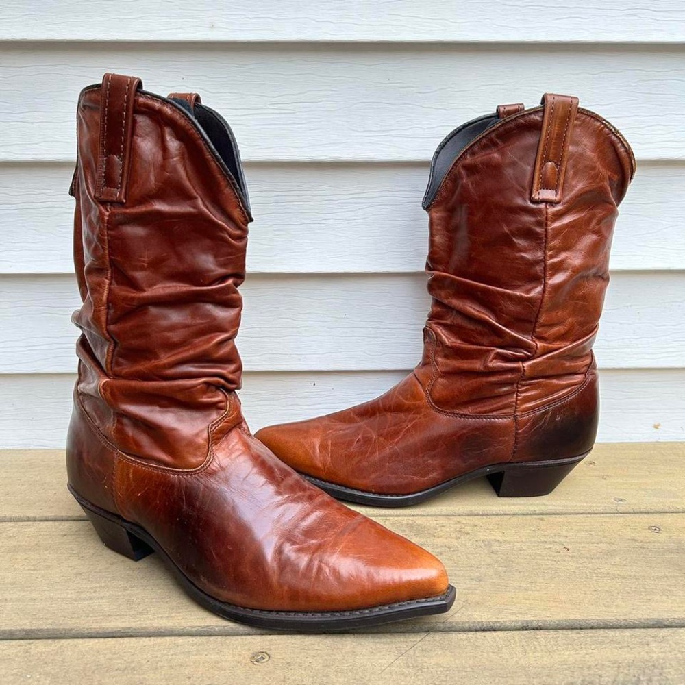 Tan Orange Brown Vintage Dingo Leather Slouch Cowboy Boots Pointed Toe Shoes USA